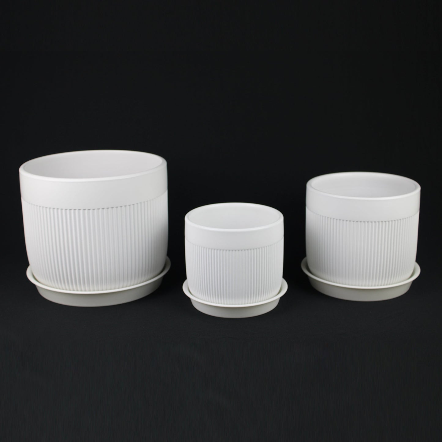 3-Piece White Stoneware Planter Pot Set with Vertical Line Texture