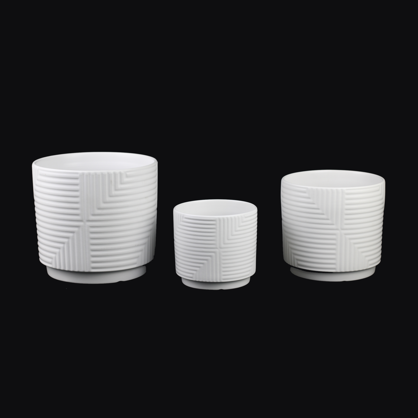 3-Piece White Stoneware Planter Set with Geometric Line Design
