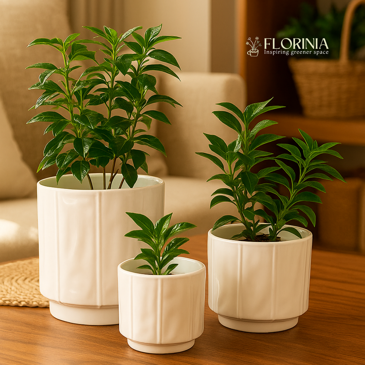 3-Piece White Stoneware Planter Pot Set with Soft Vertical Texture
